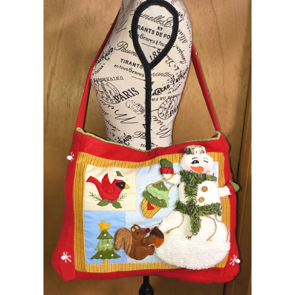 Christmas Felt Tote Gift Bag Purse Snowman Cardinal Bird Squirrel WinterHoliday‎